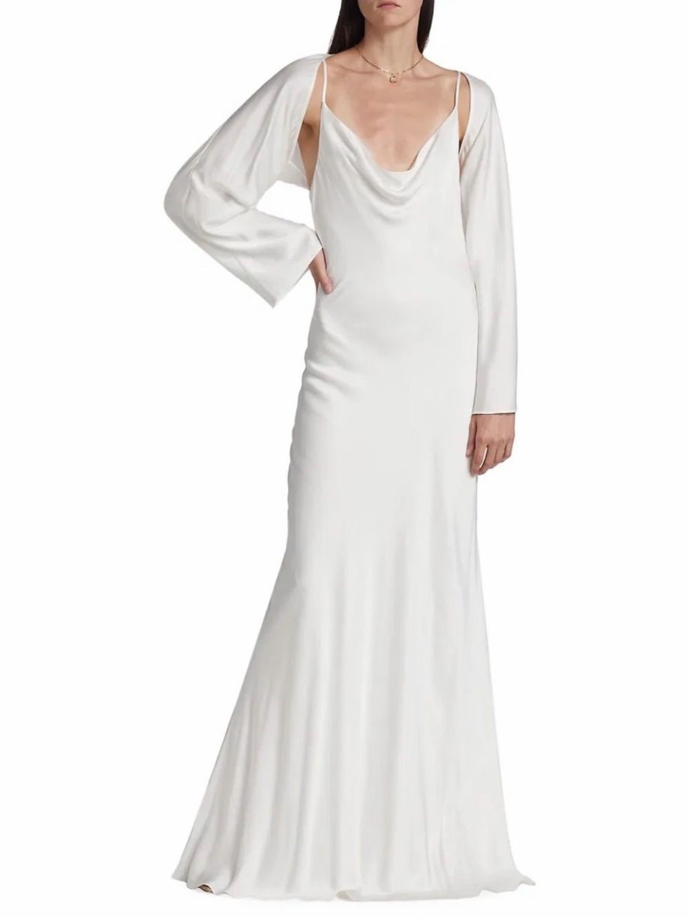L'AGENCE White Cowl Neck Maxi Dress with Draped Overlay